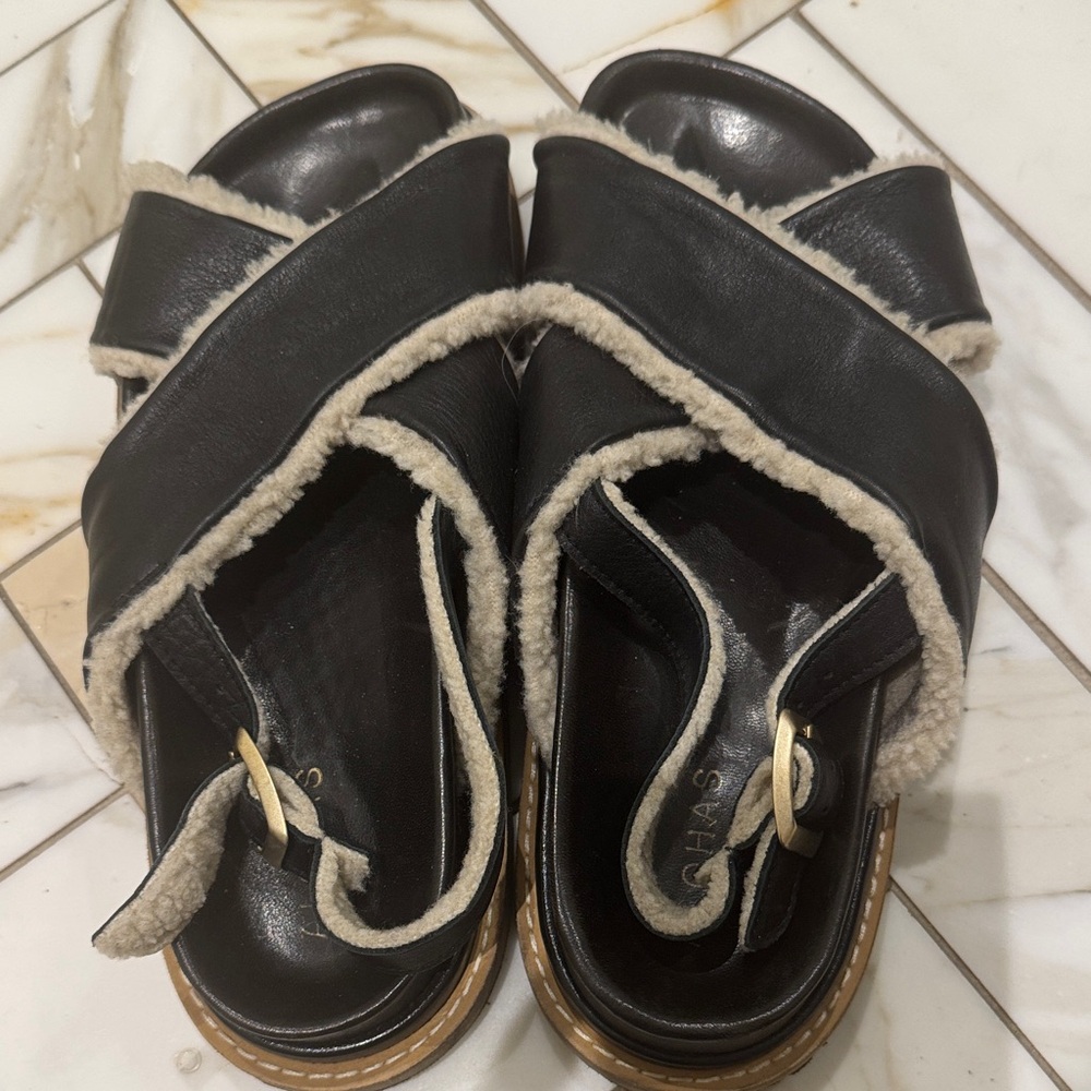 ALOHAS Black Leather Shearling Trim Sandal